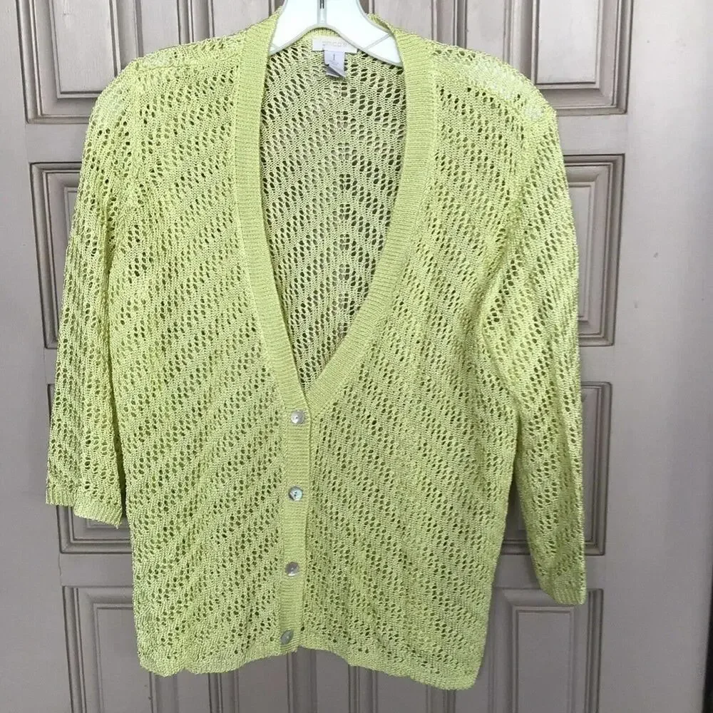 Chico's Sweater Sz1 Cardigan Yellow Open Knit V Neck Buttons 3/4 Sleeve Used